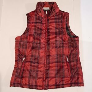 Jane Ashley Quilted Vest-Large-Red Plaid-Full Zip-Pockets-Lined-Classic